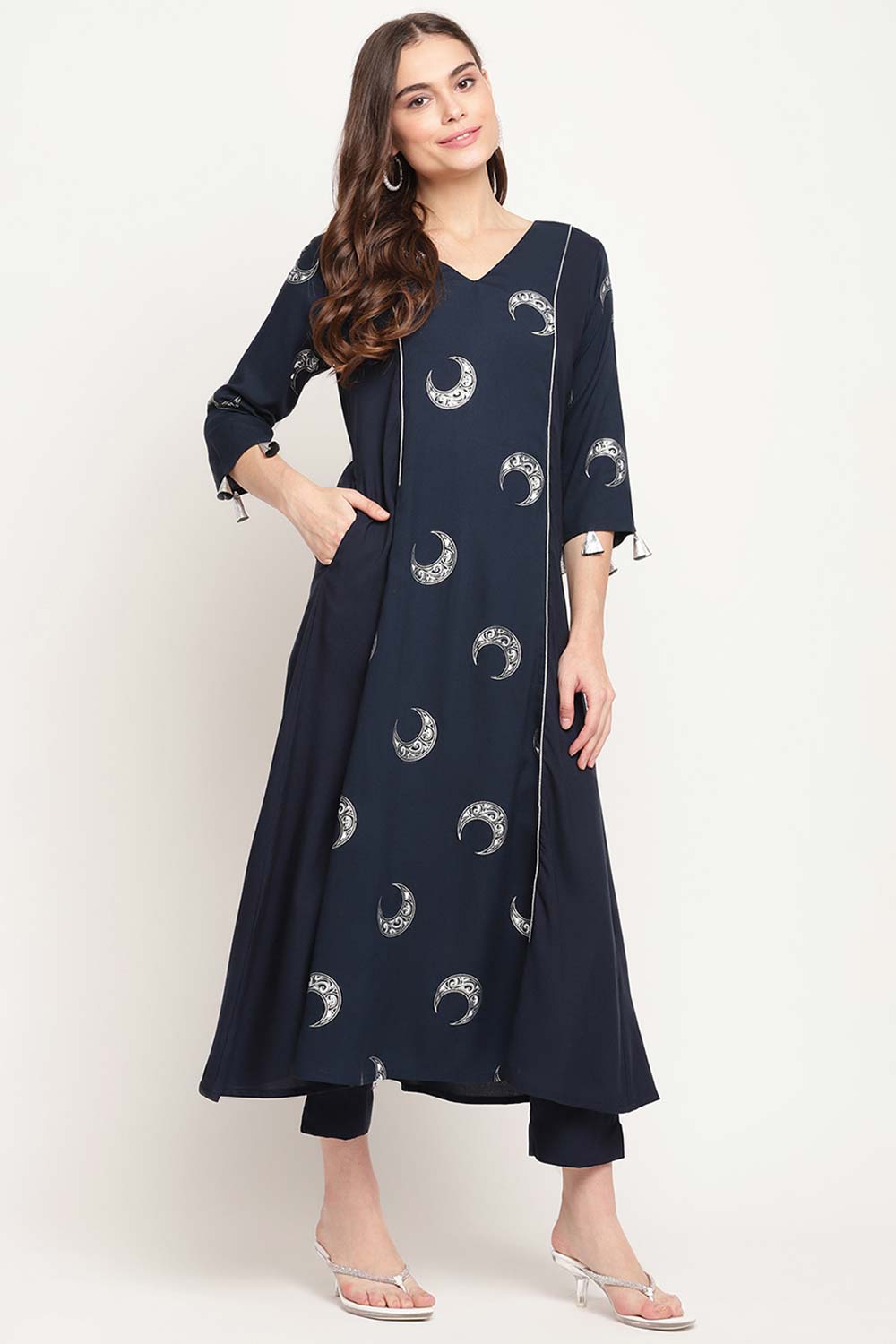 Buy Rayon Foil Print Kurta Set in Navy Blue - Side