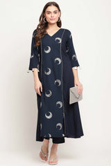 Buy Rayon Foil Print Kurta Set in Navy Blue - Zoom in