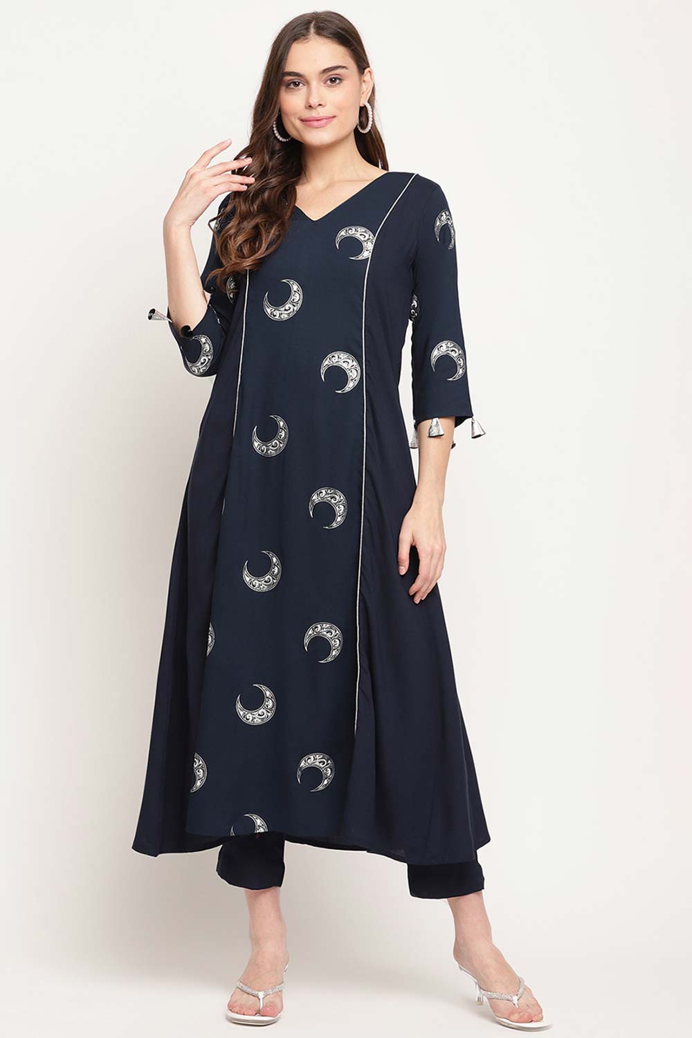 Buy Rayon Foil Print Kurta Set in Navy Blue