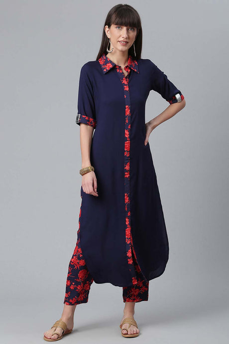 Buy Rayon Printed Kurta Set in Navy