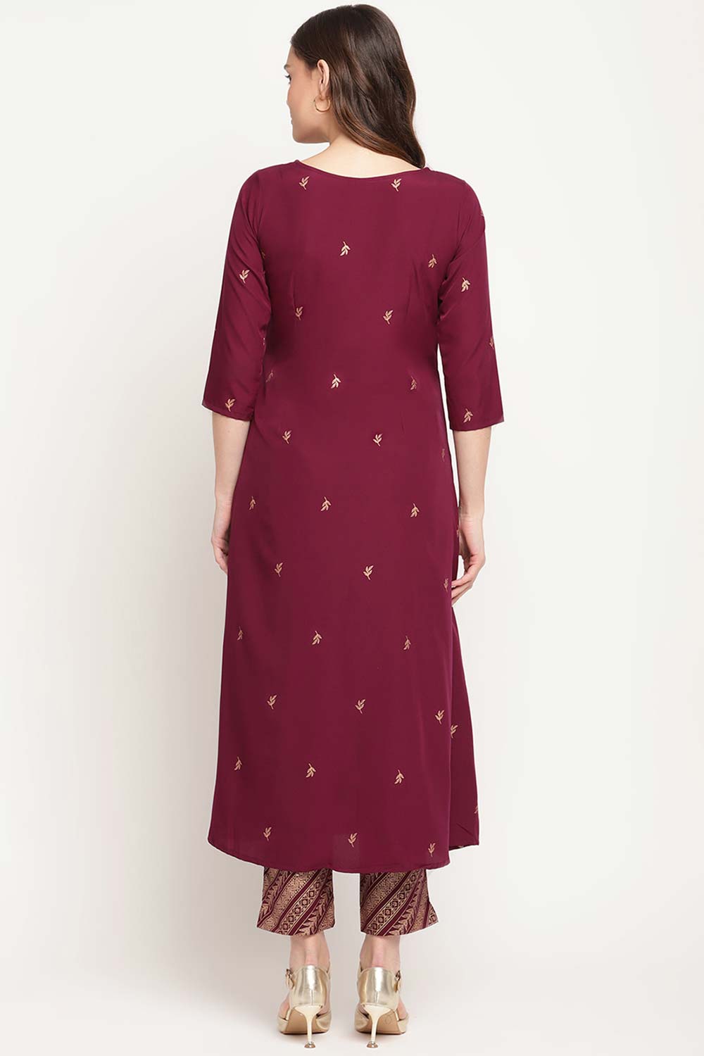 Buy Crepe Foil Print Kurta Set in Purple - Front