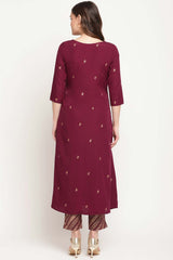 Buy Crepe Foil Print Kurta Set in Purple - Front