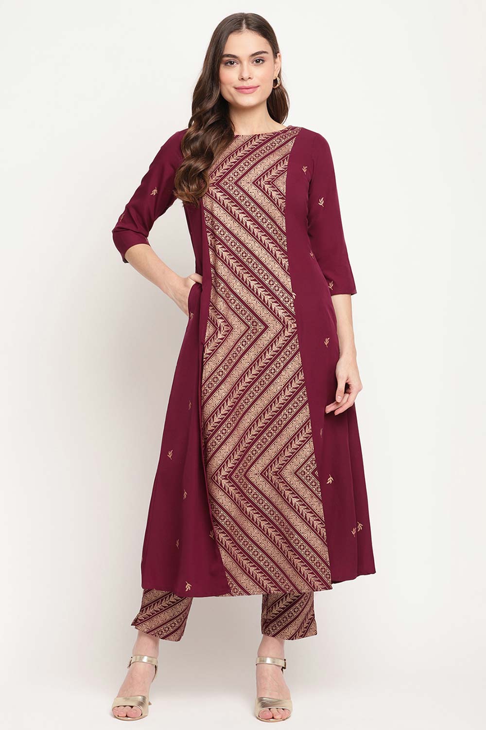 Buy Crepe Foil Print Kurta Set in Purple