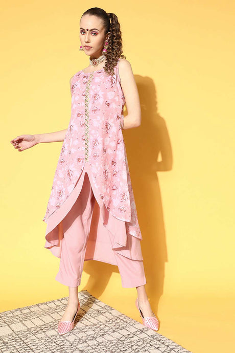 Buy Rose Colour Organza Digital Printed Kurta Pant Set Online