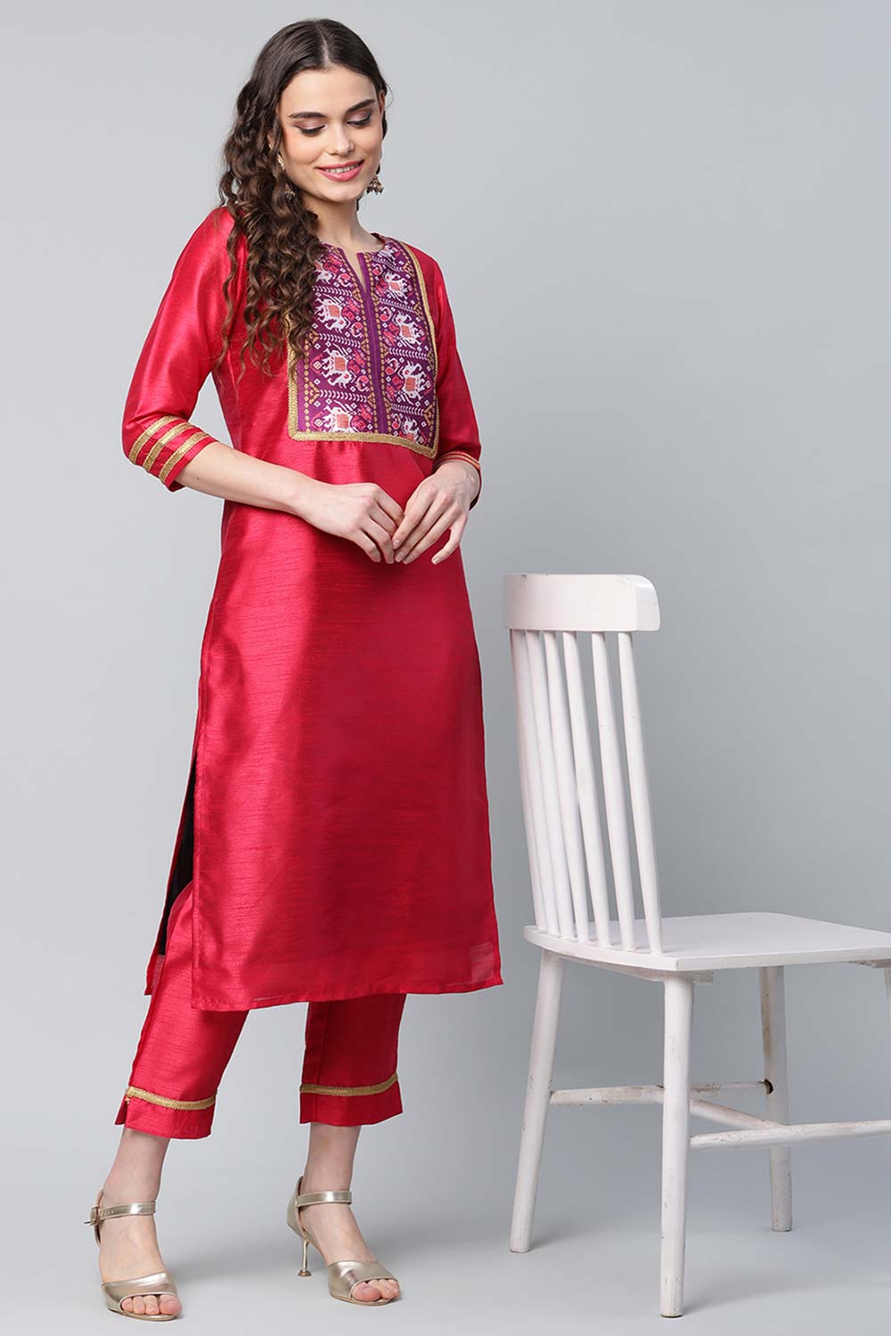 Red Art Silk Printed Kurta Pant Set