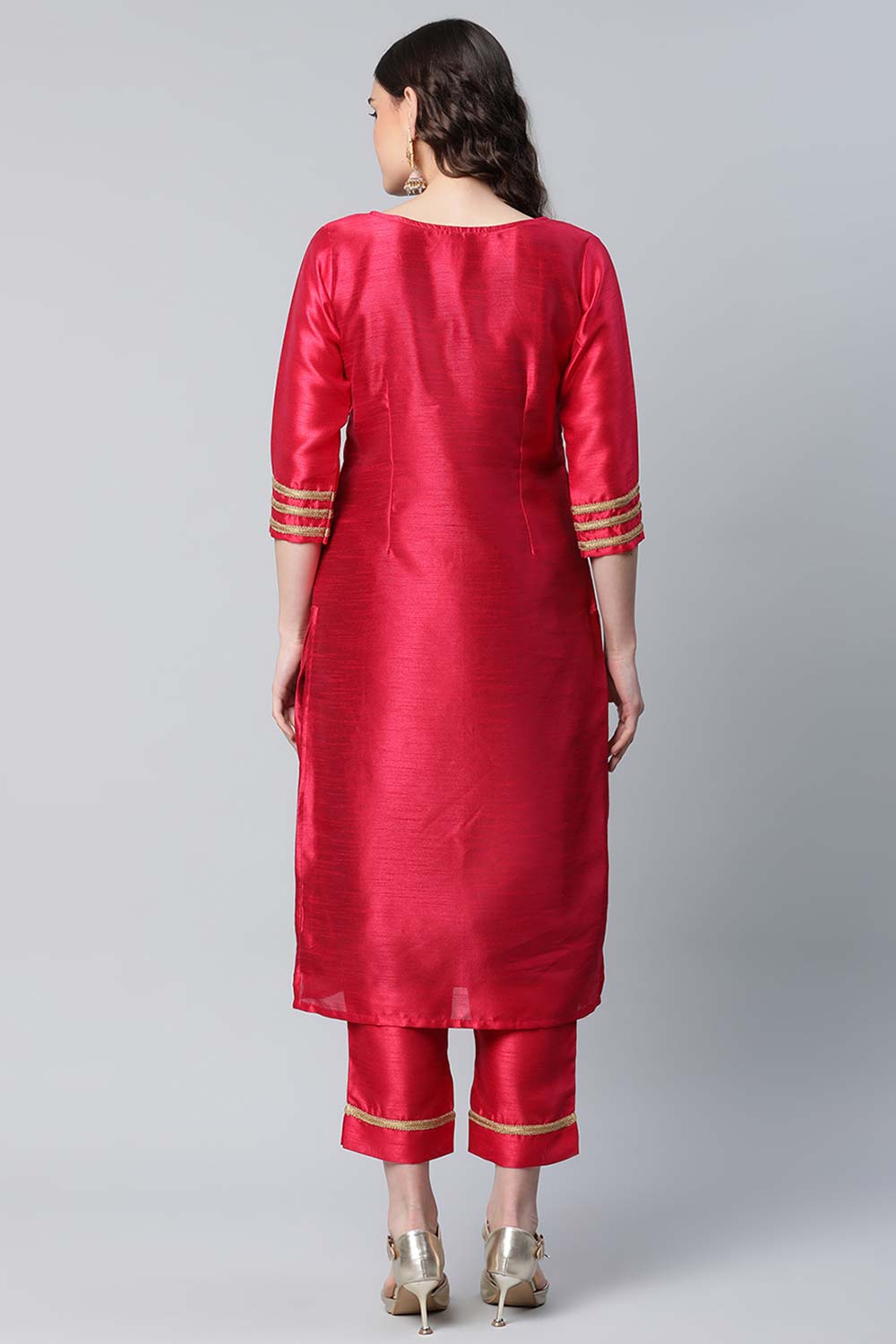 Red Art Silk Printed Kurta Pant Set