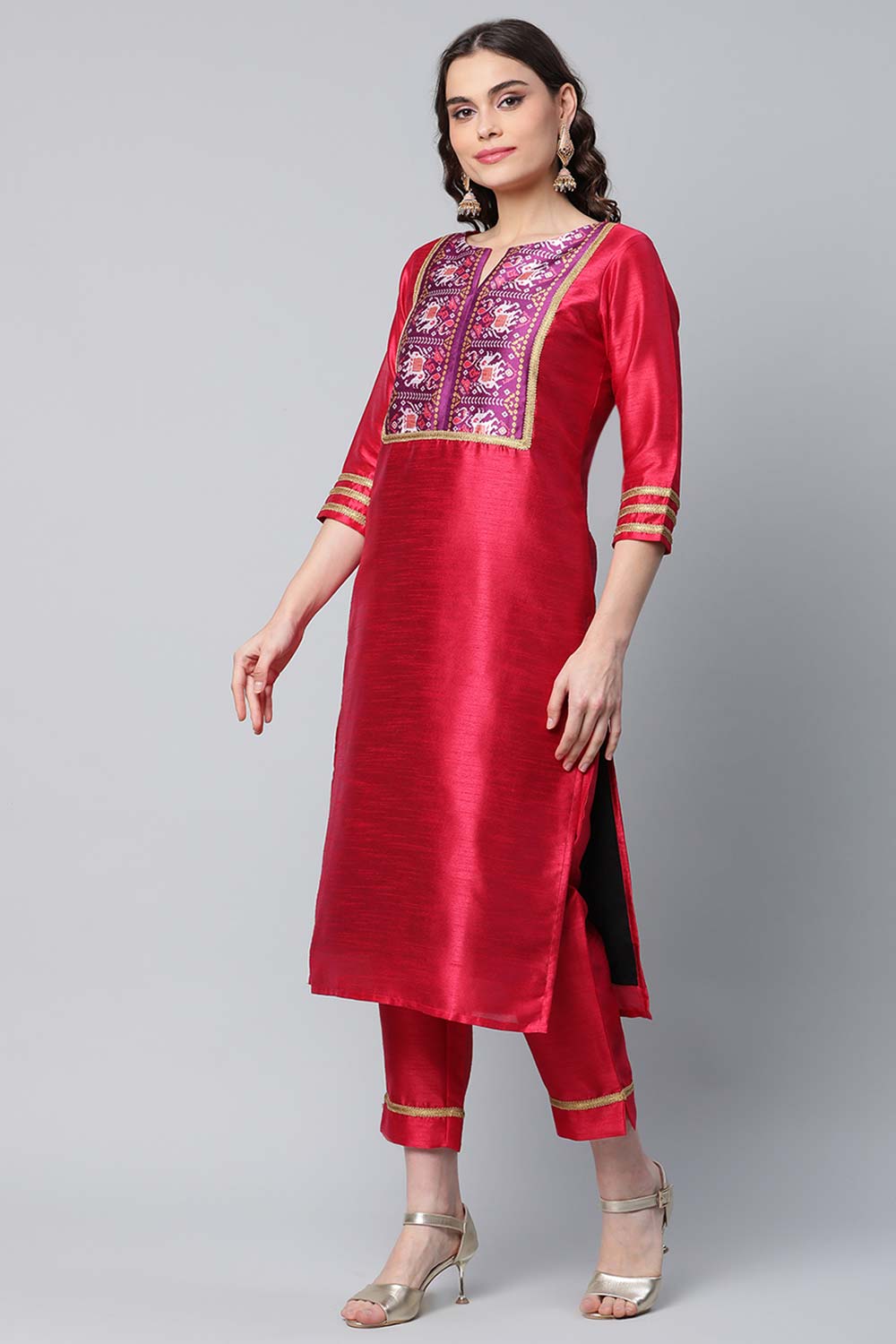 Red Art Silk Printed Kurta Pant Set