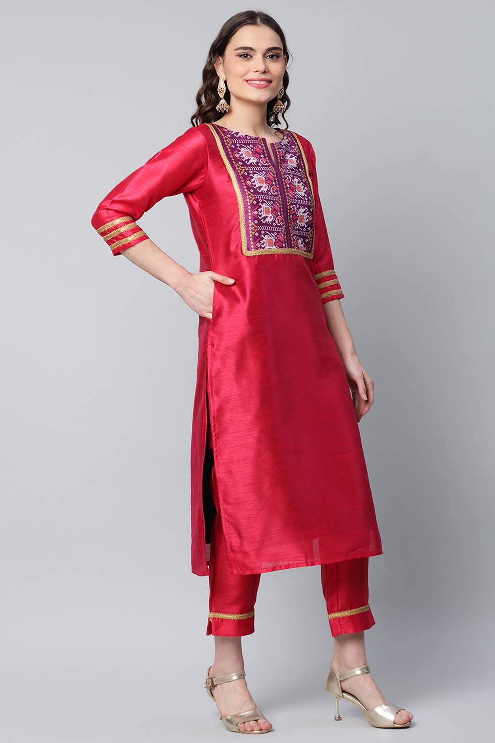 Red Art Silk Printed Kurta Pant Set