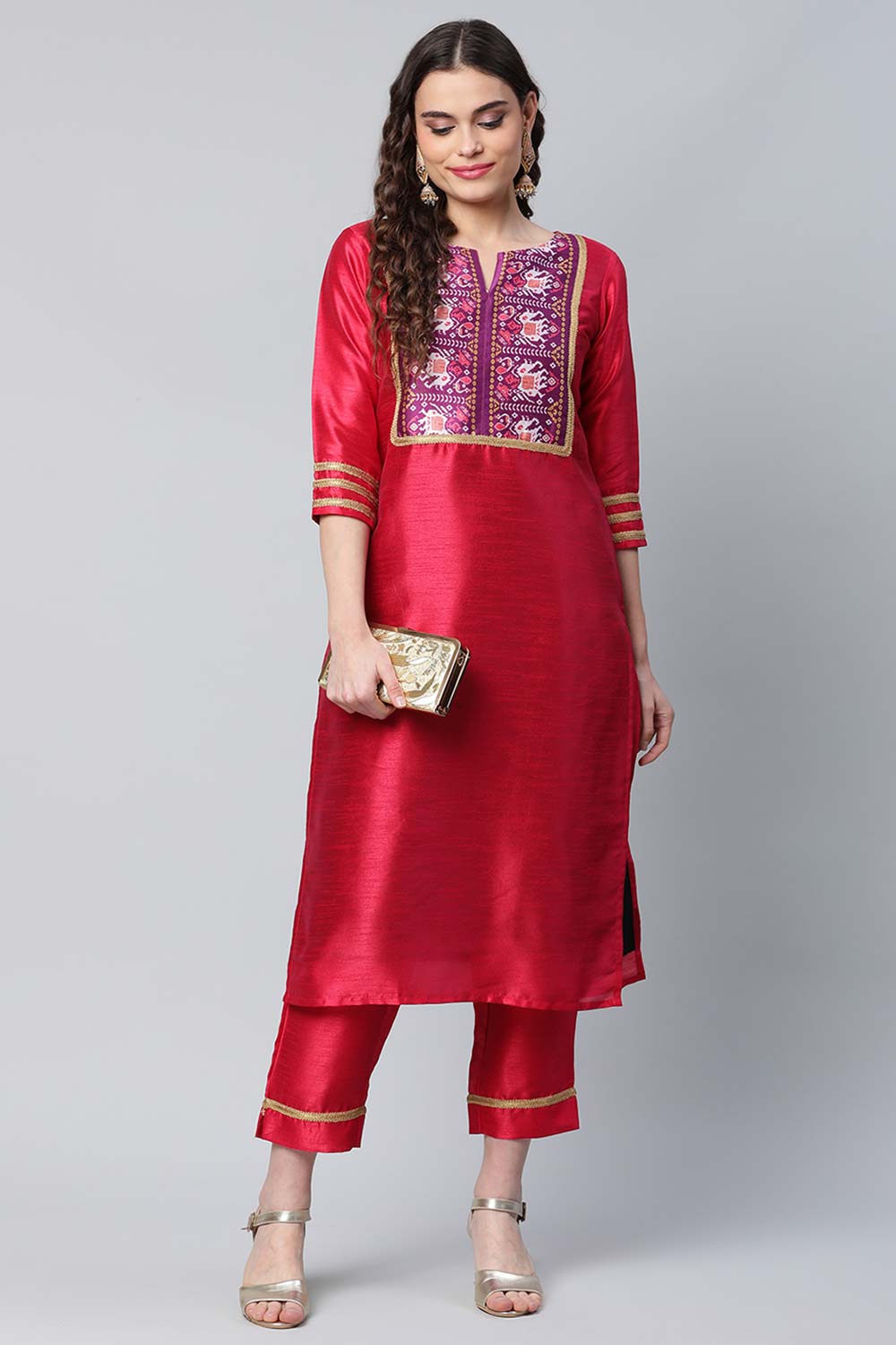 Red Art Silk Printed Kurti Pant Set