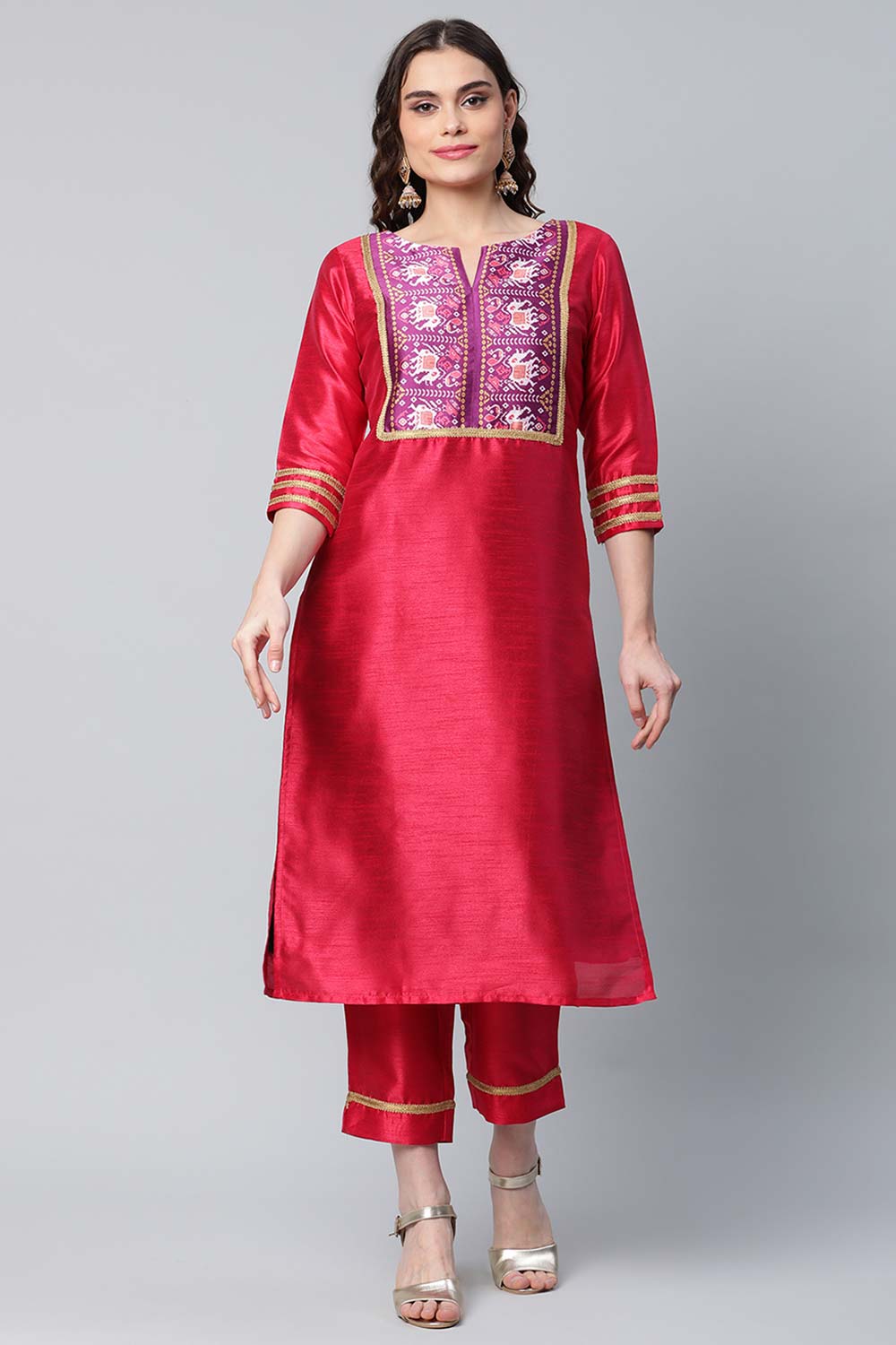 Red Art Silk Printed Kurta Pant Set