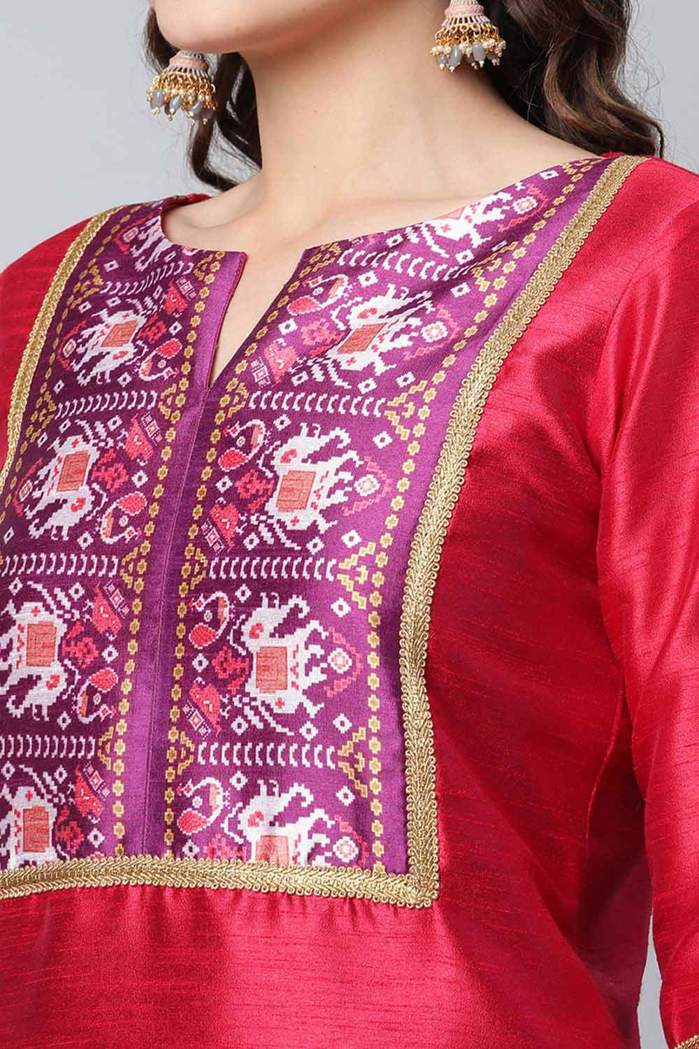 Red Art Silk Printed Kurti Pant Set