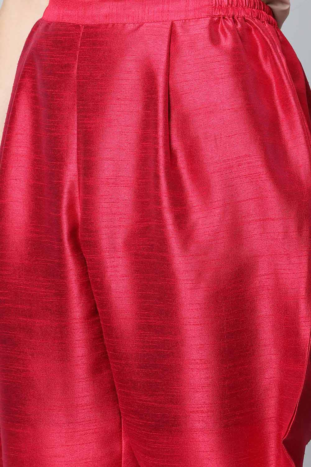 Red Art Silk Printed Kurta Pant Set