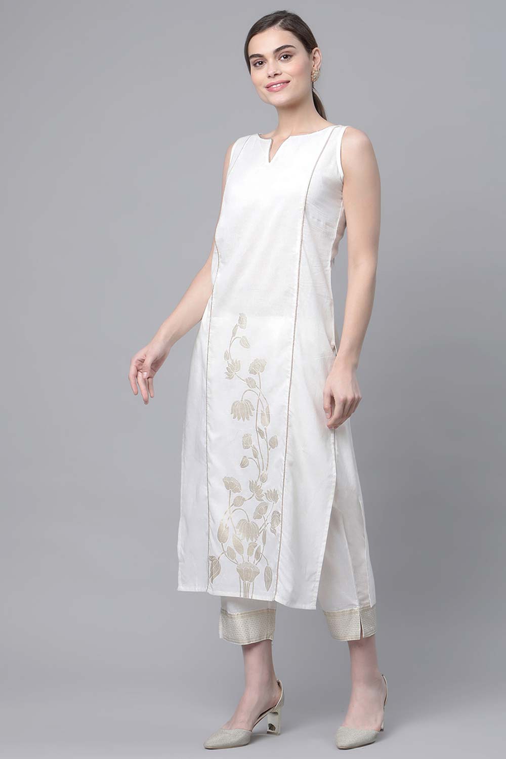 Off White Pure Cotton Printed Kurta With Trousers