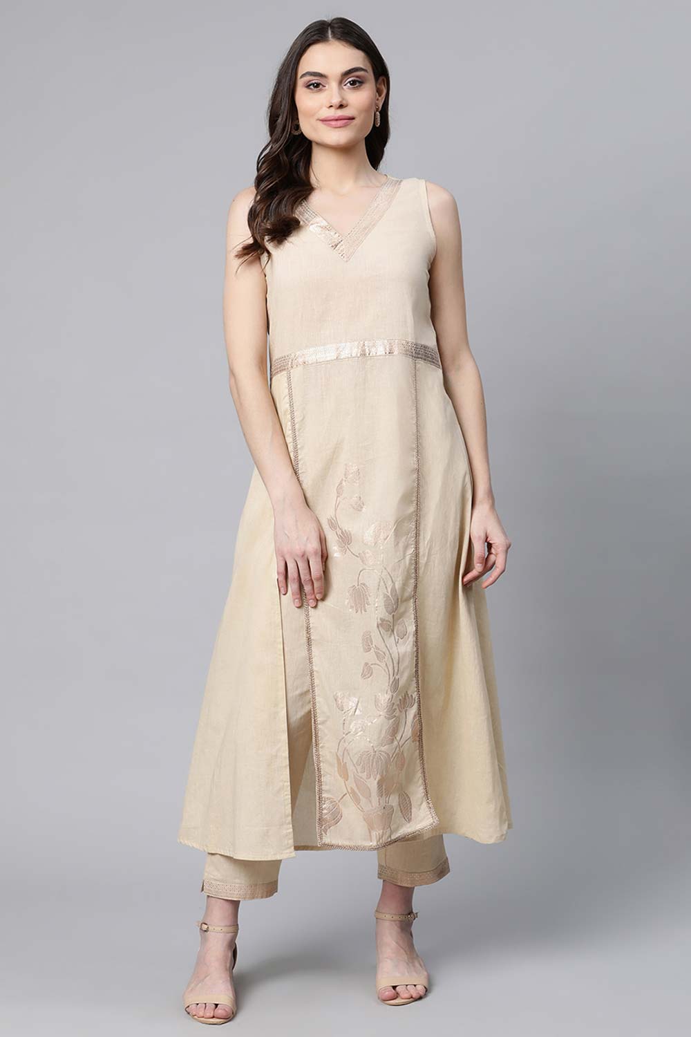 Beige Pure Cotton Printed Floral Kurta With Trousers