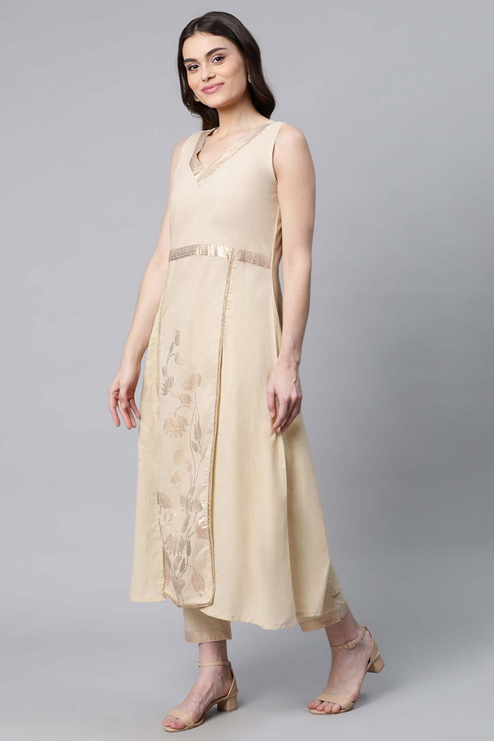 Beige Pure Cotton Printed Floral Kurti With Trousers