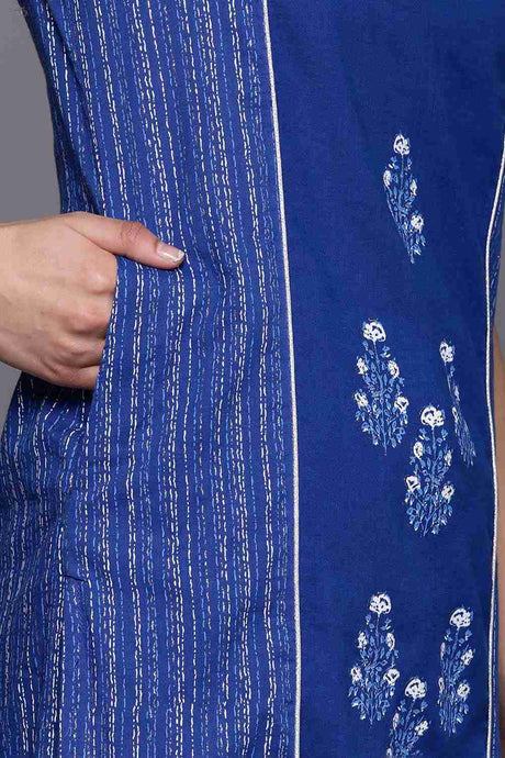 Buy Blue Floral Printed Pure Cotton Kurta With Trousers Online