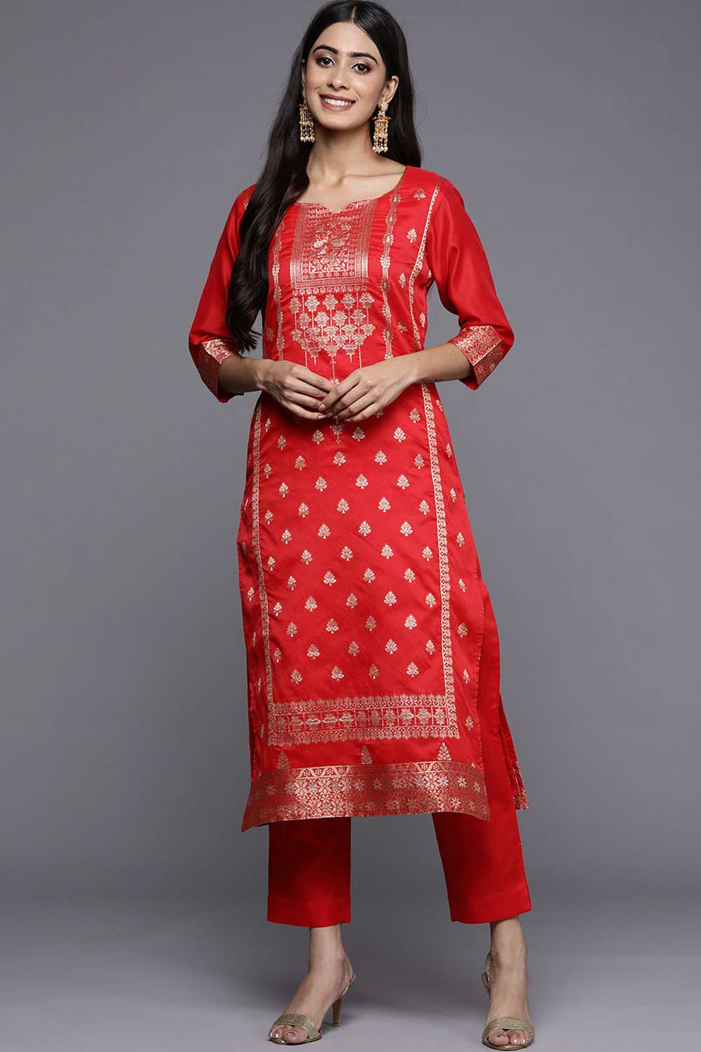 Buy Red Ethnic Motifs Jacquard Kurta With Trousers Online