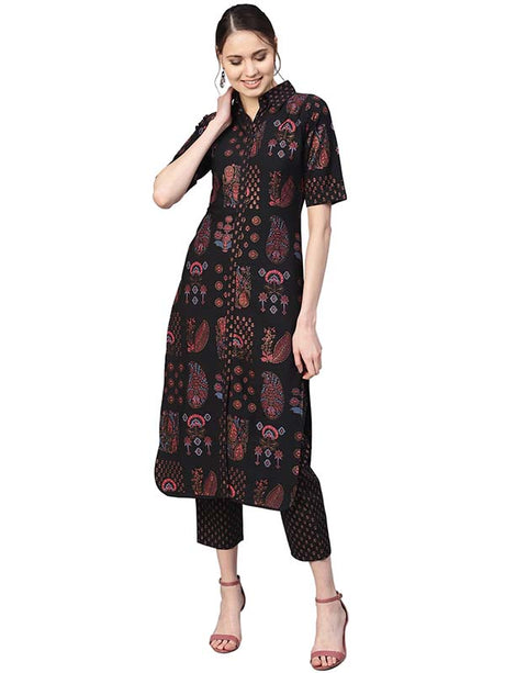 Shop Black Polyester Pathani Kurta Set Online 