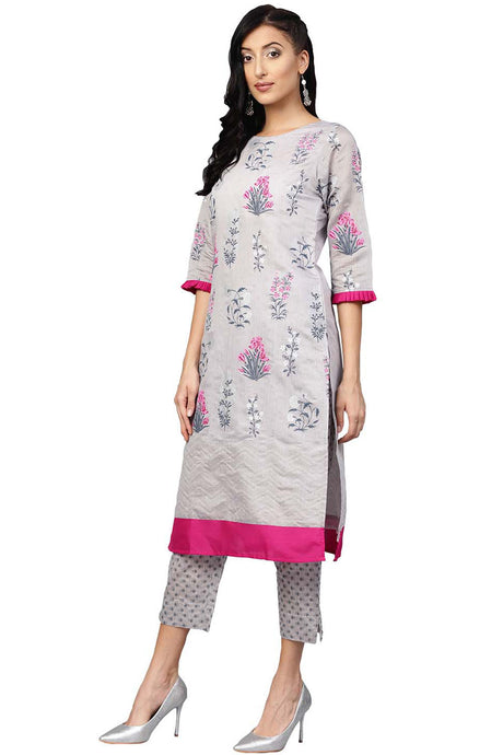 Shop Woman's Chanderi Pigment Print Kurta with Palazzo in Grey At KarmaPlace