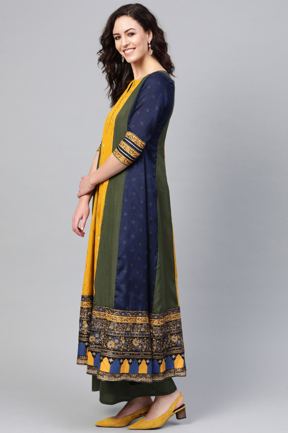 Shop Woman's Poly Art Silk Printed Kurta Set in Olive Green At KarmaPlace