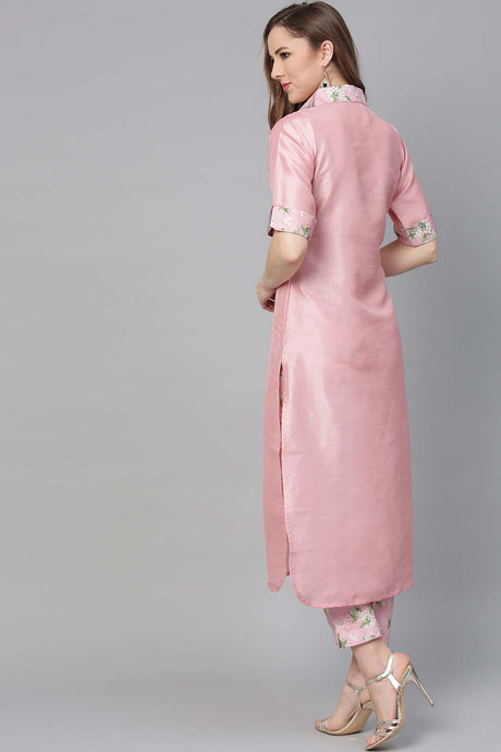 Buy Polyester Solid Kurta Set in Pink - Front