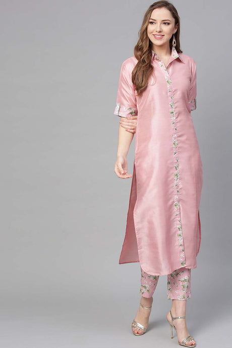 Buy Polyester Solid Kurta Set in Pink