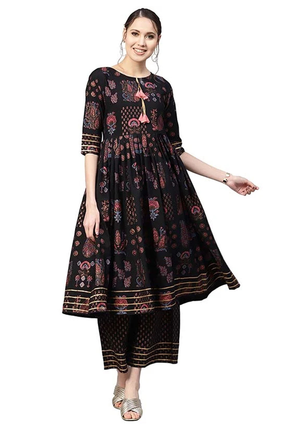 Poly Polyester A-Line Kurta Set In Black