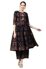 Poly Polyester A-Line Kurta Set In Black