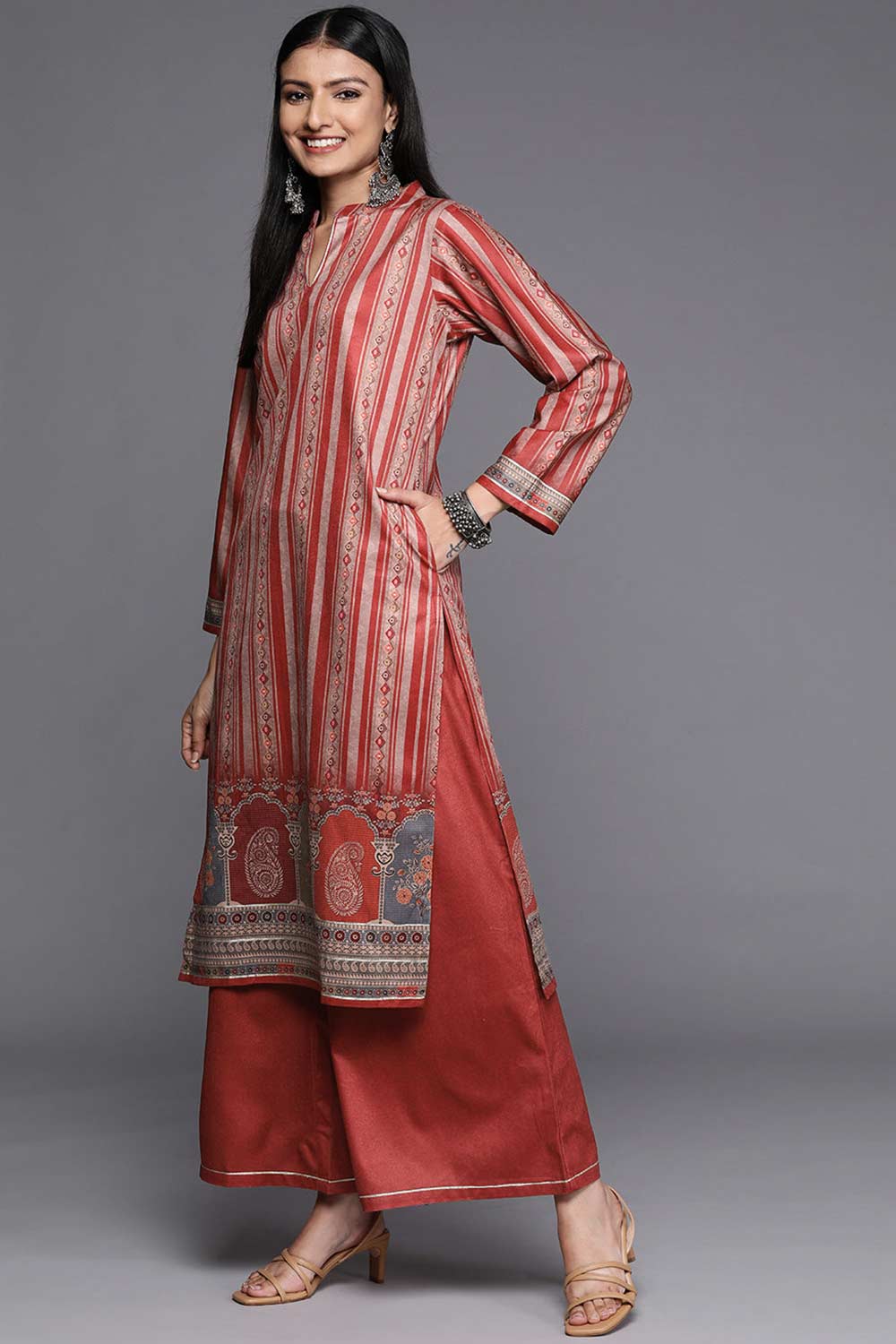 Buy Maroon Velvet Printed Kurta Palazzo Set With Dupatta Online