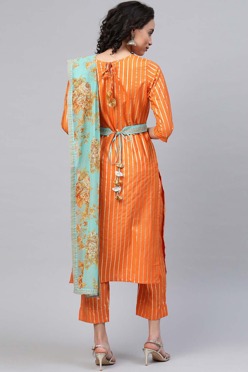 Buy Crepe Foil Print Suit Set in Orange - Front