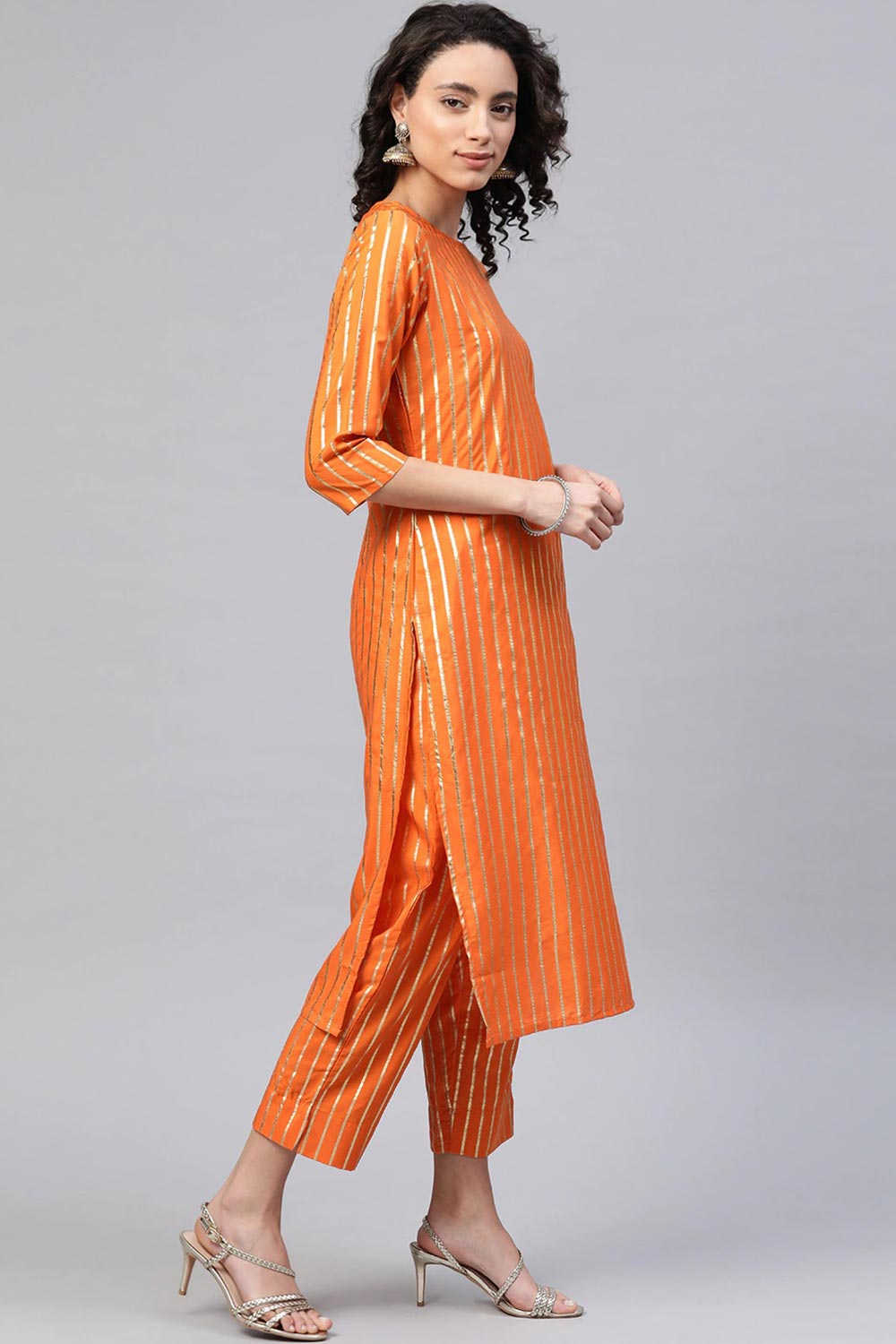 Buy Crepe Foil Print Suit Set in Orange - Back