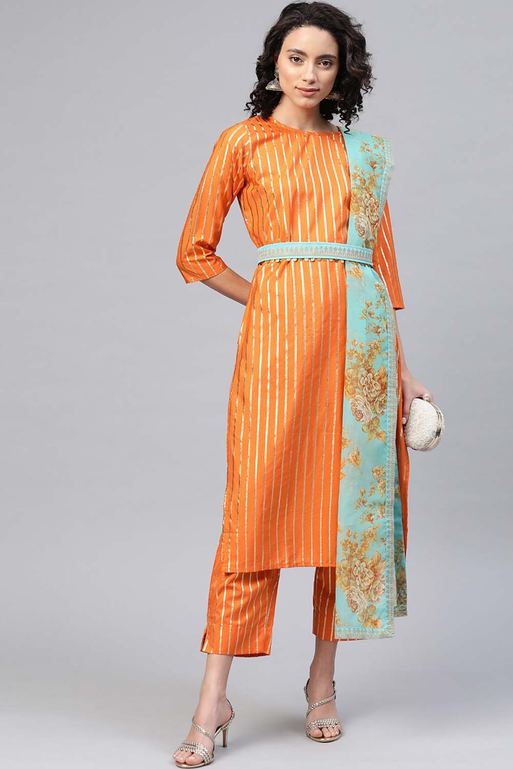 Buy Crepe Foil Print Suit Set in Orange - Side