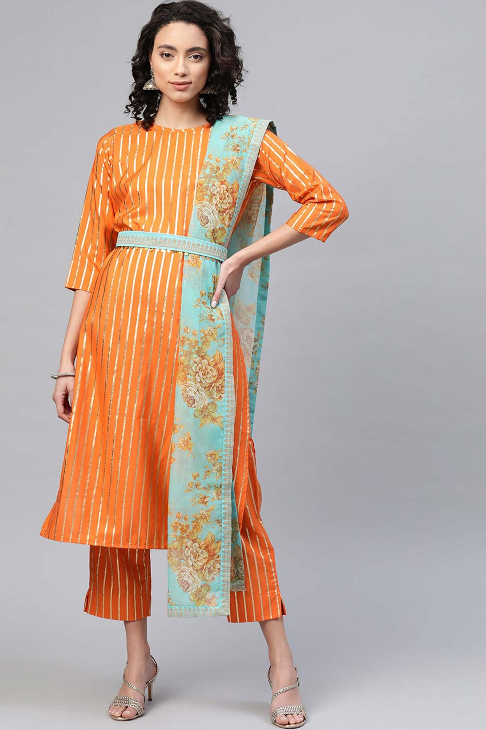 Buy Crepe Foil Print Suit Set in Orange