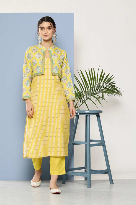 Buy Yellow Cotton Blend Printed Kurta Trousers Set Online