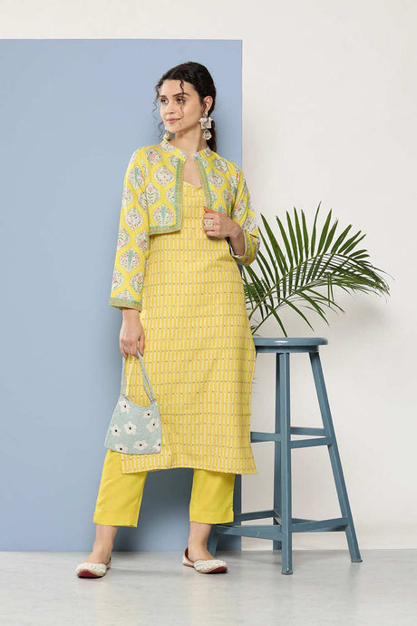 Buy Yellow Cotton Blend Printed Kurta Trousers Set Online