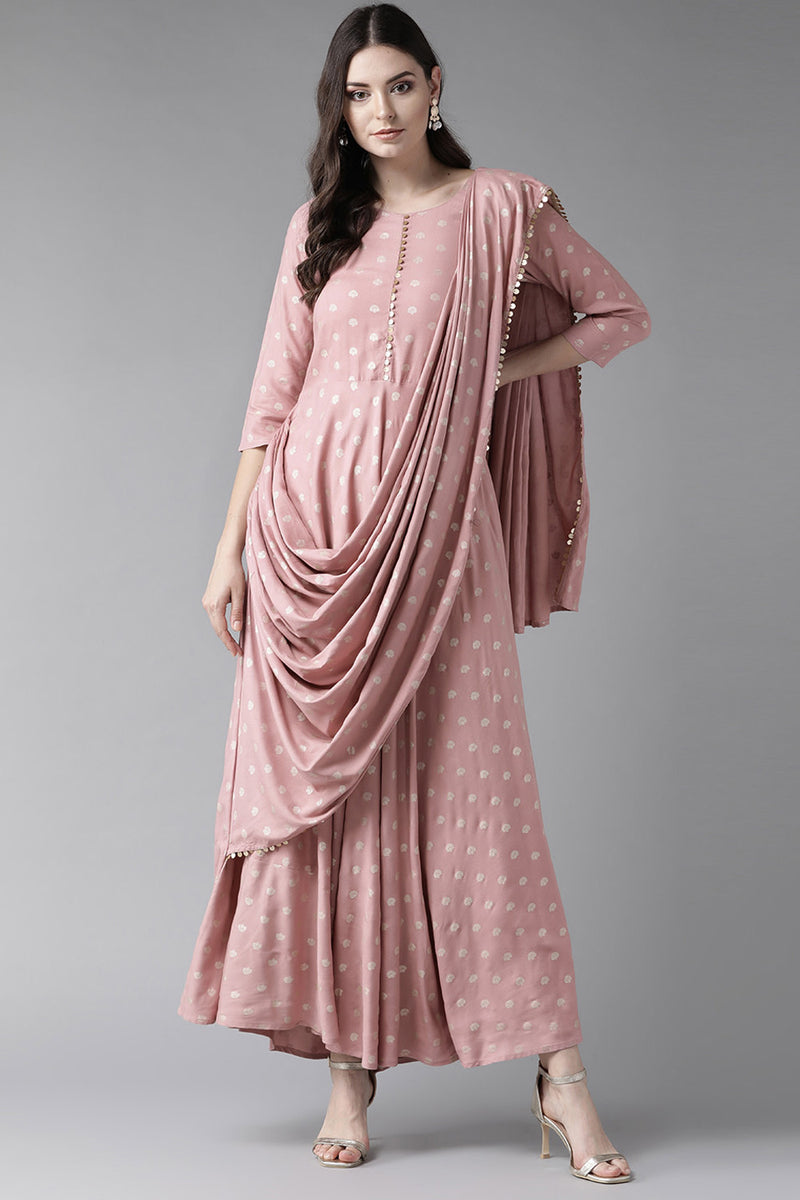 Poly Rayon Printed Kurta Set in Light Pink