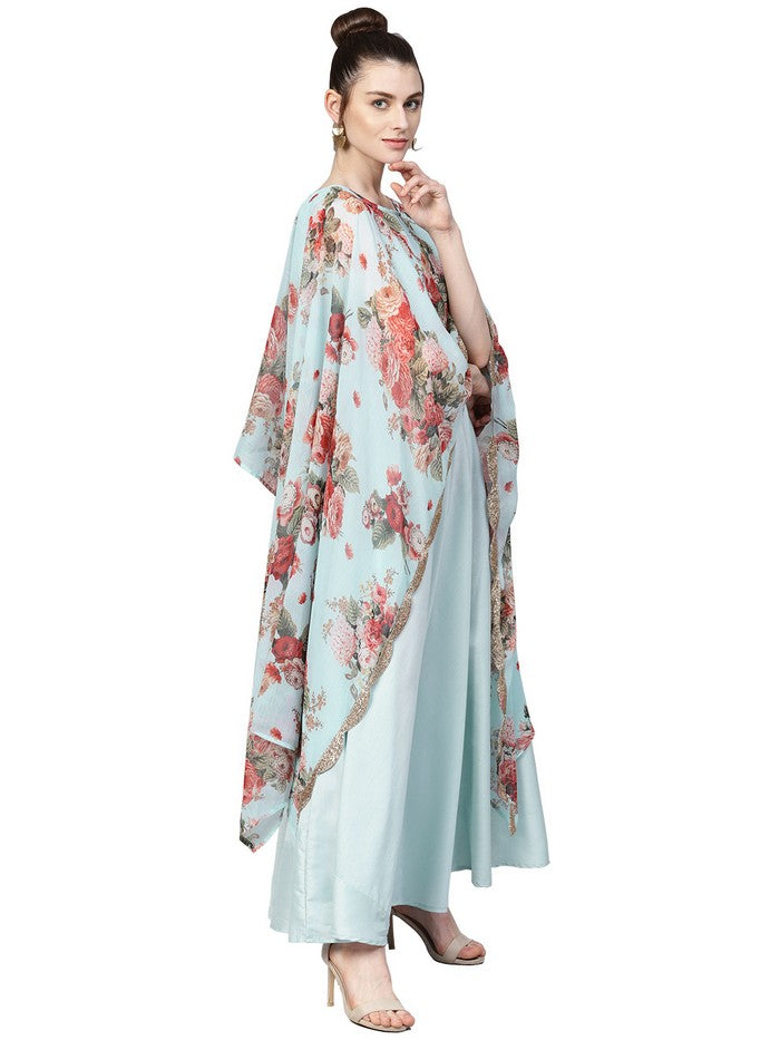 Poly Art Silk And Chiffon Kurta Top In Sky Blue