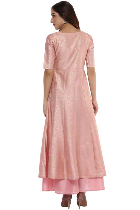 Pink Poly Silk Gold Foil Print Kurta