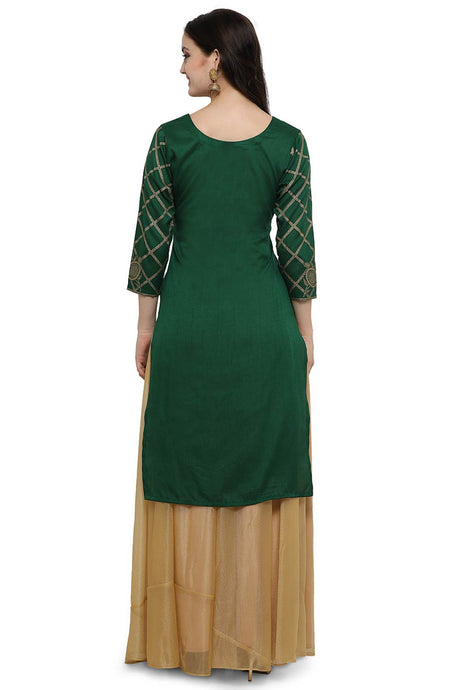 Women Green Poly Silk Gold Foil Print Kurta Top