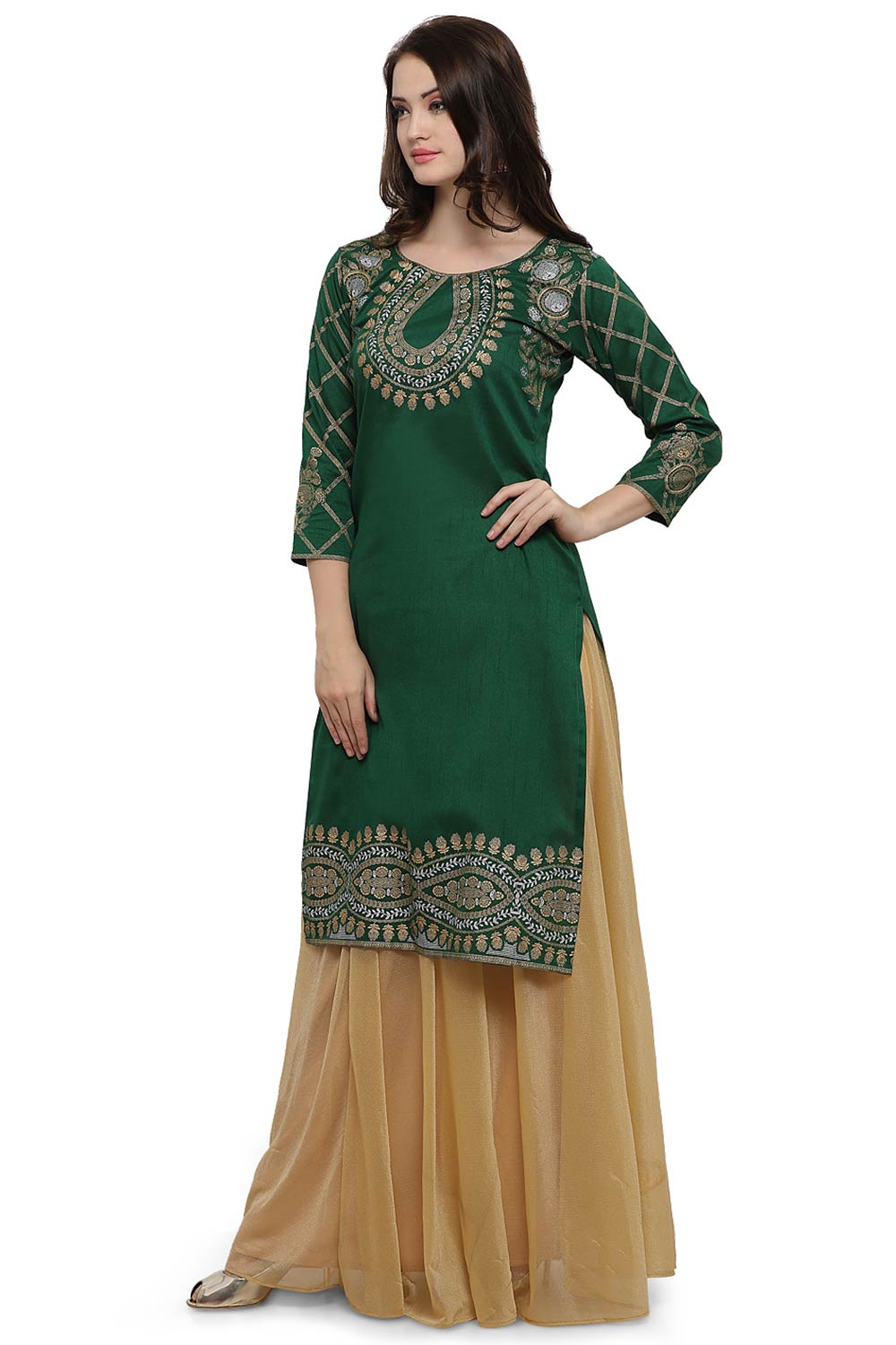 Women Green Poly Silk Gold Foil Print Kurta Top