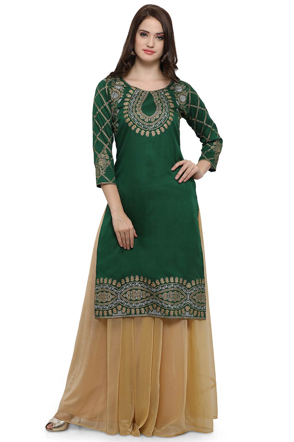 Women Green Poly Silk Gold Foil Print Kurta Top