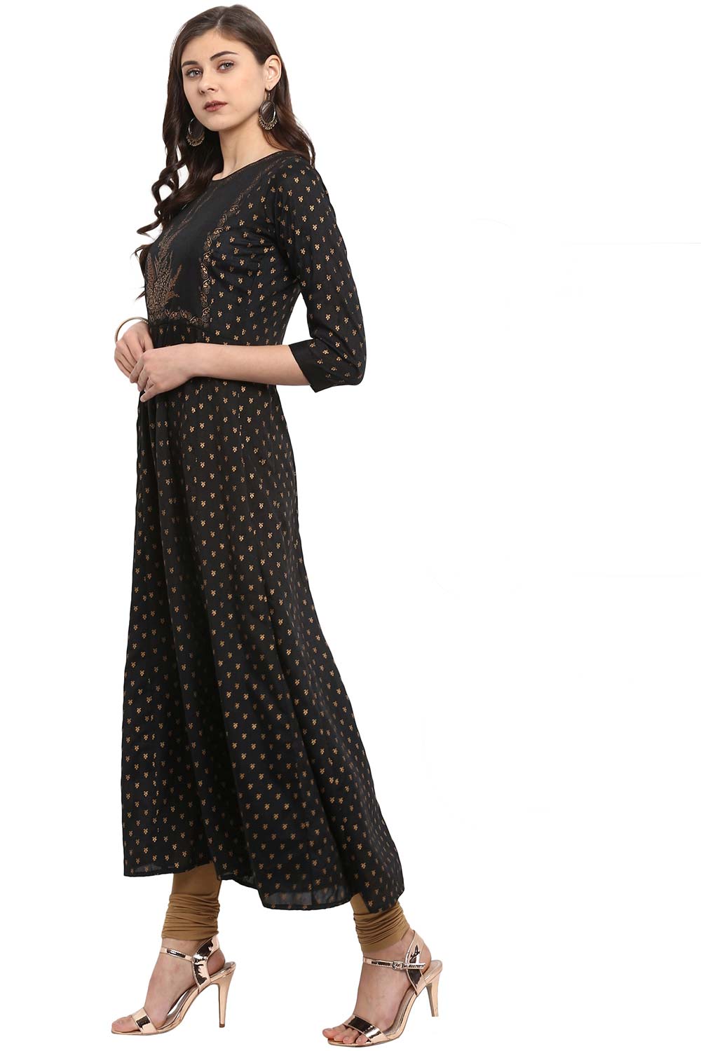 Black Poly Silk Gold Print Anarkali Kurta