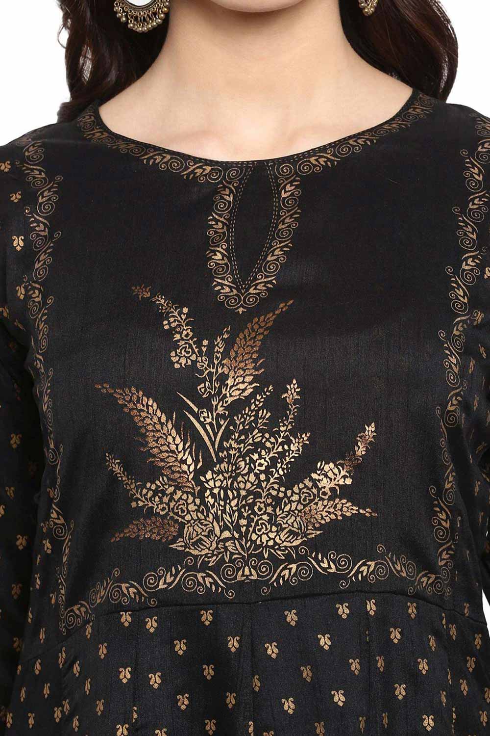 Black Poly Silk Gold Print Anarkali Kurta