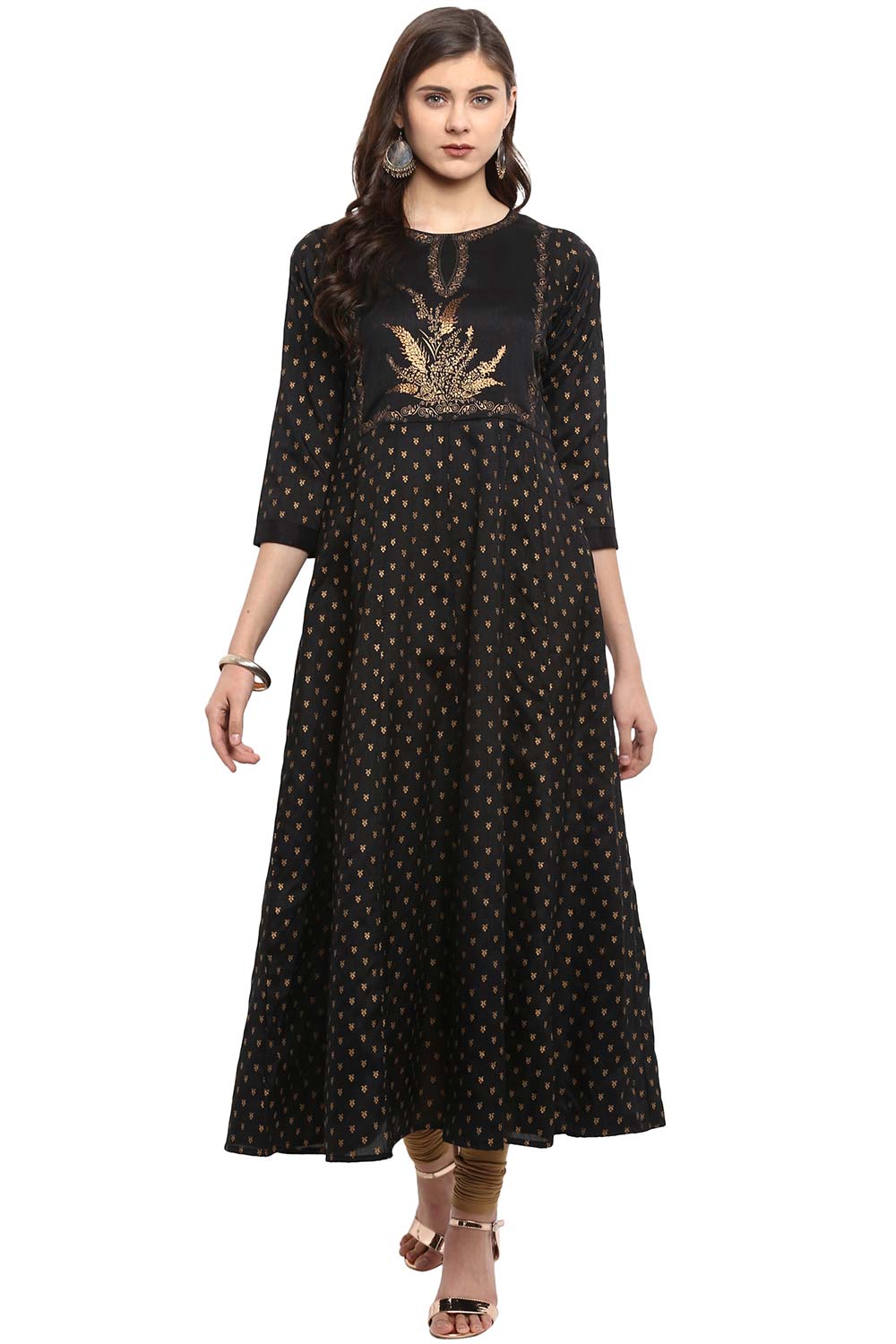 Black Poly Silk Gold Print Anarkali Kurta