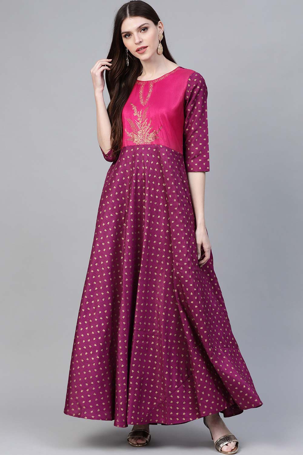 Purple Poly Silk Gold Print Kurta