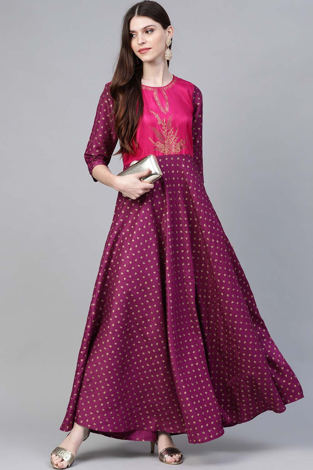 Purple Poly Silk Gold Print Kurta