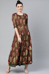 Poly Art Silk Printed Kurta Top In Brown And Olive Green