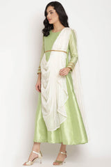 Women Green Poly Silk Kurti Top With Attached Dupatta