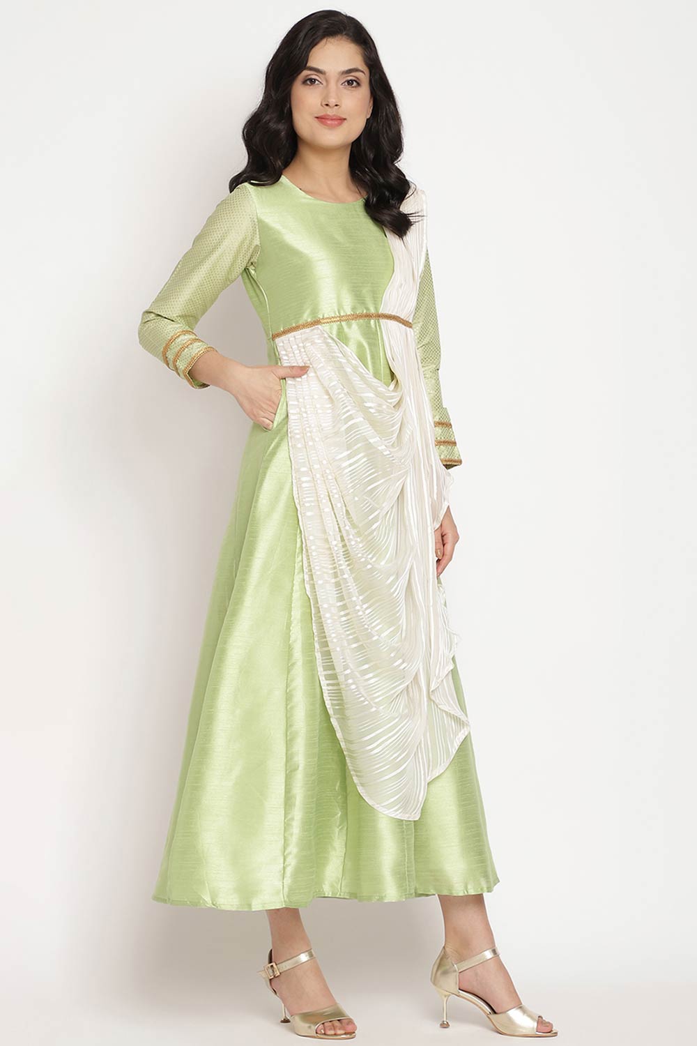 Women Green Poly Silk Kurta Top With Attached Dupatta