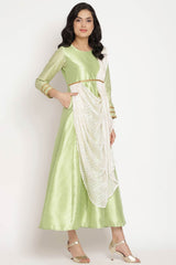 Women Green Poly Silk Kurti Top With Attached Dupatta